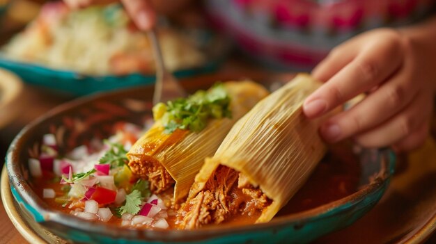 jemand, der einen mexikanischen Tamale isst