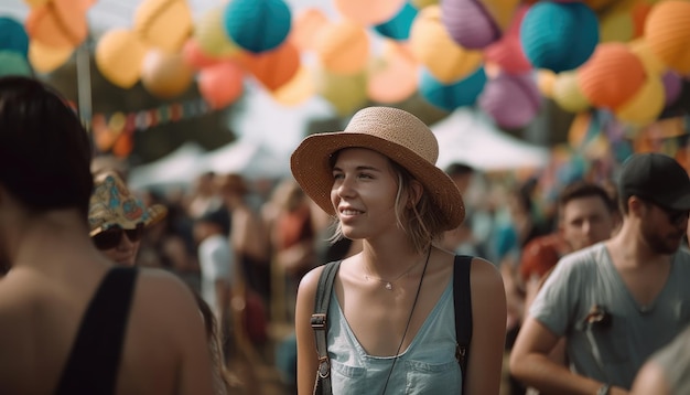 Jemand genießt ein Sommerfest mit Menschenmassen und farbenfrohen Dekorationen. Generative KI