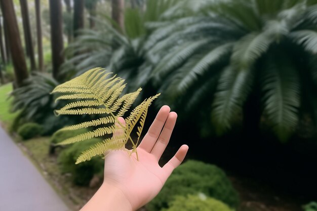 jemand hält ein Farnblatt in der Hand vor einem Wald-Generativ-Ai