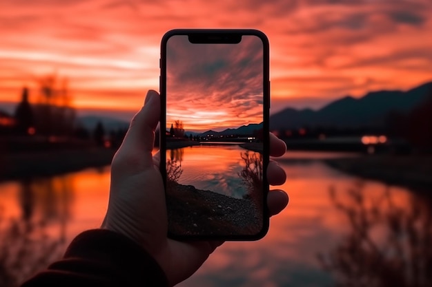 Jemand hält ein Telefon mit einem Sonnenuntergang im Hintergrund generativ ai