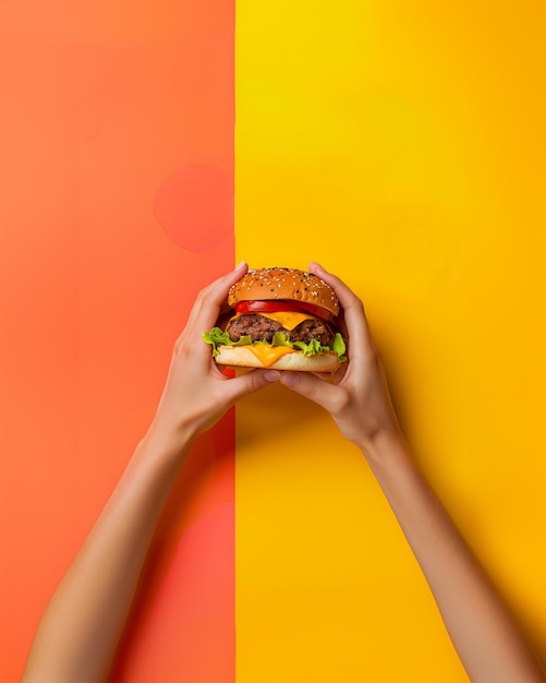 jemand hält einen Hamburger in den Händen gegen einen gelben und orangefarbenen Hintergrund generative ai