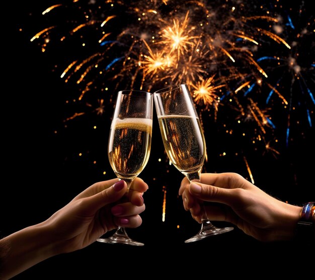 Jemand hält zwei Gläser Champagner mit Feuerwerk im Hintergrund generativ ai