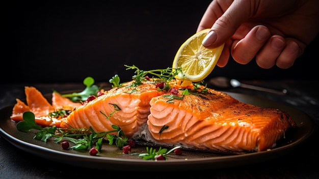 Jemand legt eine Zitronenscheibe auf ein Stück Lachs