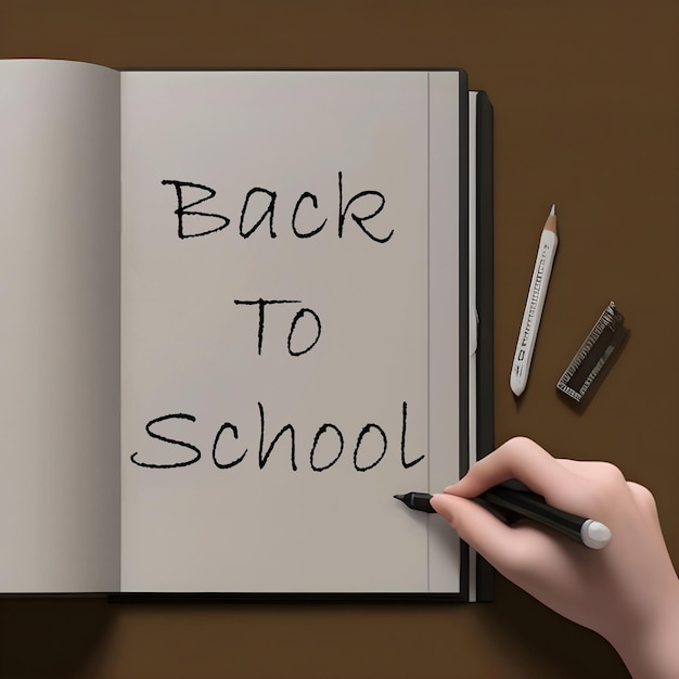 Jemand schreibt auf ein Notizbuch, auf dem steht: „Zurück zur Schule“.