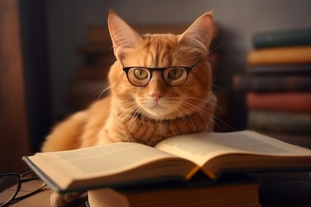Jengibre lindo gatito en gafas leyendo libro IA generativa