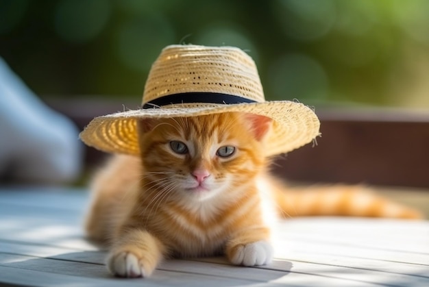 Jengibre lindo gatito en sombrero de paja AI generativa