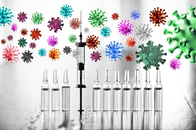 jeringa y ampolla, vacuna contra el coronavirus, concepto medicina vacunación protección covid 19