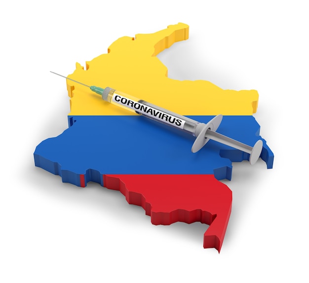 Jeringa de coronavirus en el mapa de la bandera de Colombia. Representación 3D