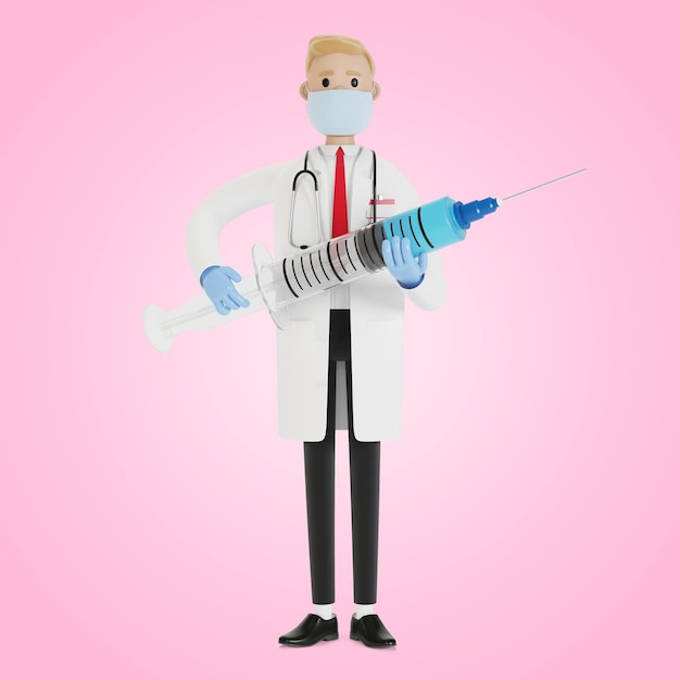 Jeringa en manos de un médico. Ambulancia. Vacuna contra la gripe. Concepto de medicina del cuidado de la salud. Ilustración 3D en estilo de dibujos animados.