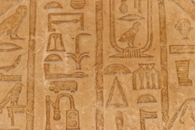 Jeroglíficos egipcios antiguos tallados en la pared de piedra