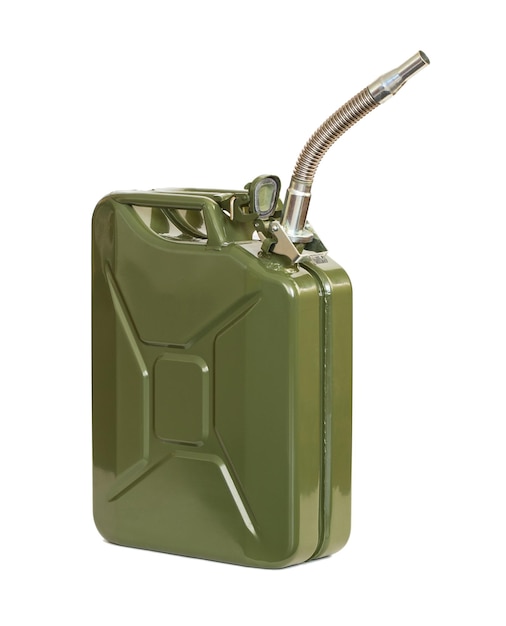 Foto jerrycan com bico de tubo flexível. lata de combustível.