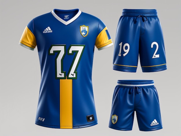 Foto jersey de fútbol y presentación de kit de fútbol plantilla de maqueta vista delantera y trasera incluyendo ropa deportiva uniforme pantalones cortos y calcetines y es totalmente personalización aislado en fondo blanco