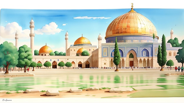 Jerusalén Mezquita Al Aqsa AlQuds AlSharif ciudad vieja ilustración histórica fondo IA generativa