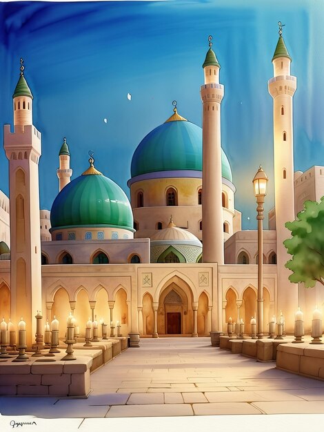 Jerusalén Mezquita Al Aqsa AlQuds AlSharif ciudad vieja ilustración histórica fondo IA generativa