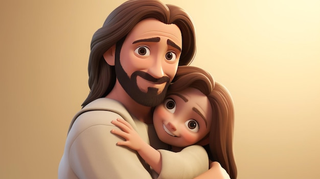 Jesucristo abraza a una niña pequeña dibujos animados en 3D