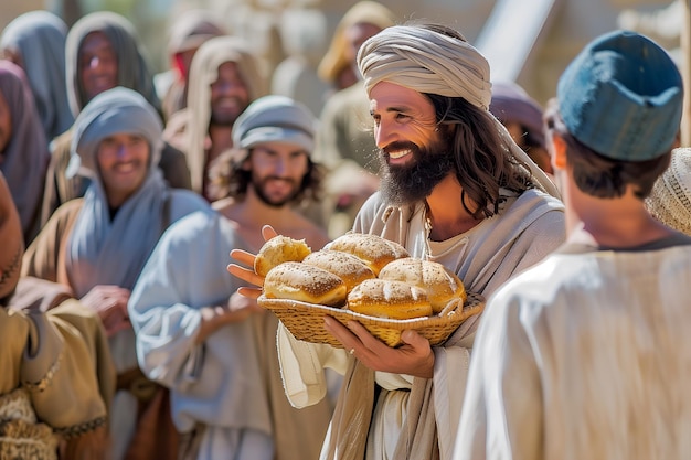 Jesucristo alimenta con panes a una multitud de cinco mil personas