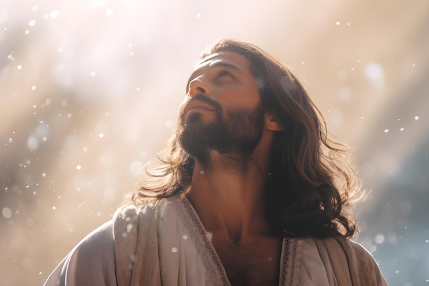 Jesucristo ascendiendo al cielo por encima del cielo de luz brillante AI generativa