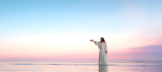 Jesucristo calma la tormenta en el mar por la noche