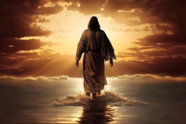 Jesucristo caminando sobre el agua al atardecer