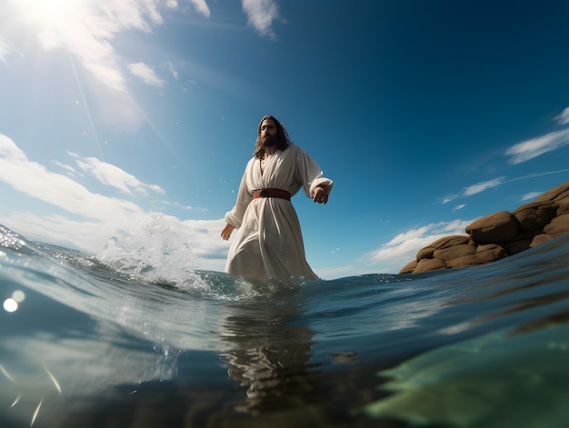 Jesucristo caminando sobre el agua generado por IA