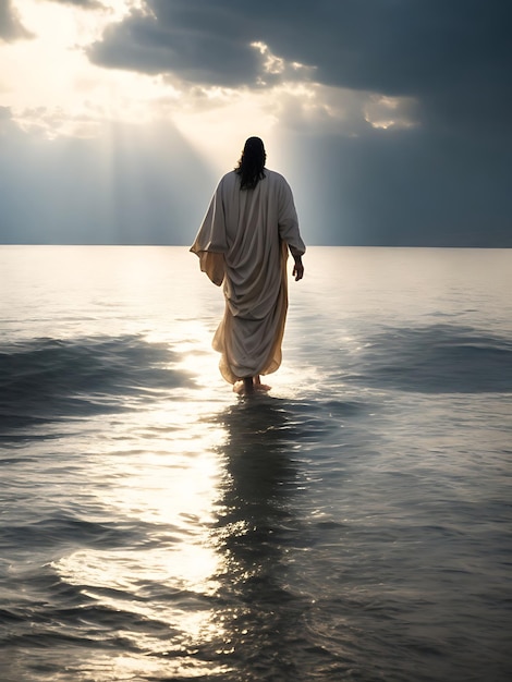 Jesucristo caminando sobre el agua en el mar de Galilea ai generativo