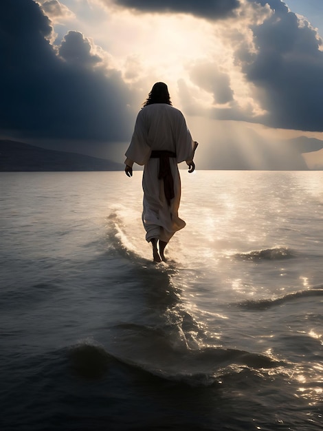 Jesucristo caminando sobre el agua en el mar de Galilea ai generativo