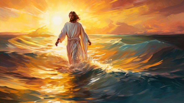 Foto jesucristo caminando sobre el agua pintura al óleo acrílica ilustración colorida de la biblia celebración de pascua