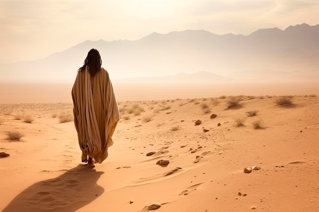 Jesucristo caminando solo en el desierto Copiar espacio