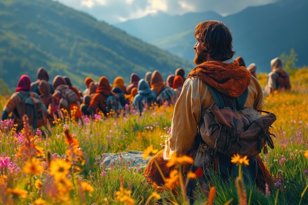 Jesucristo en un campo en una colina predicando a la multitud