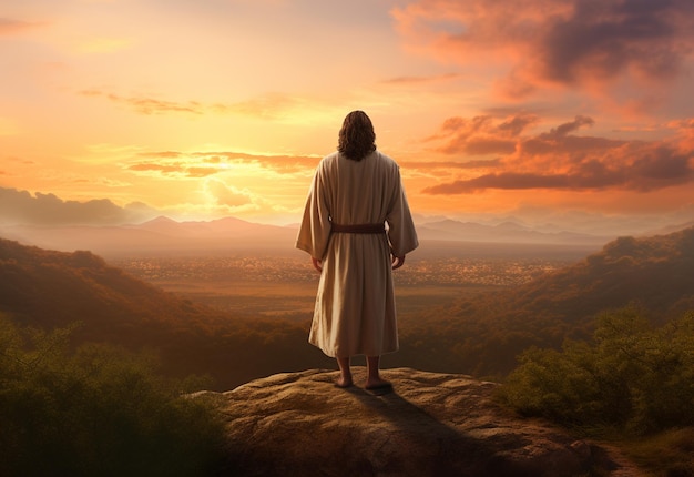 Jesucristo en las colinas al atardecer en Bolta imagen realista ultra hd alto diseño muy detallado 8K