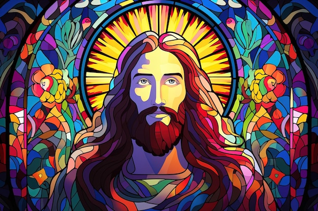 Jesucristo colorido en el fondo de las vidrieras