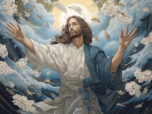 Jesucristo creativo y la gran ola camina sobre el agua pintura de estilo artístico japonés