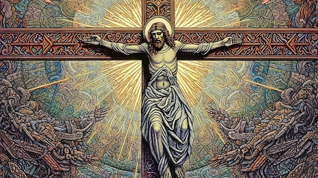 Jesucristo crucificado cristianismo religión amor sufrimiento ilustración IA generativa