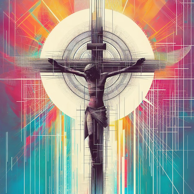 Jesucristo crucificado en la cruz frente a un fondo abstracto colorido