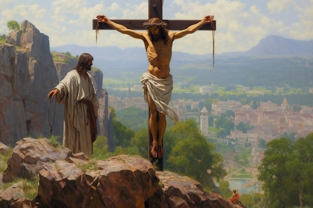 Jesucristo crucificado en la cruz en el Monte Gólgota Murió por los pecados de la humanidad hijo de Dios Biblia fe navidad religión católica cristiano felices pascuas rezando viernes santo IA generativa