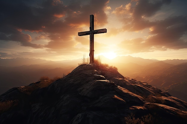 Jesucristo crucificado en una montaña al atardecer