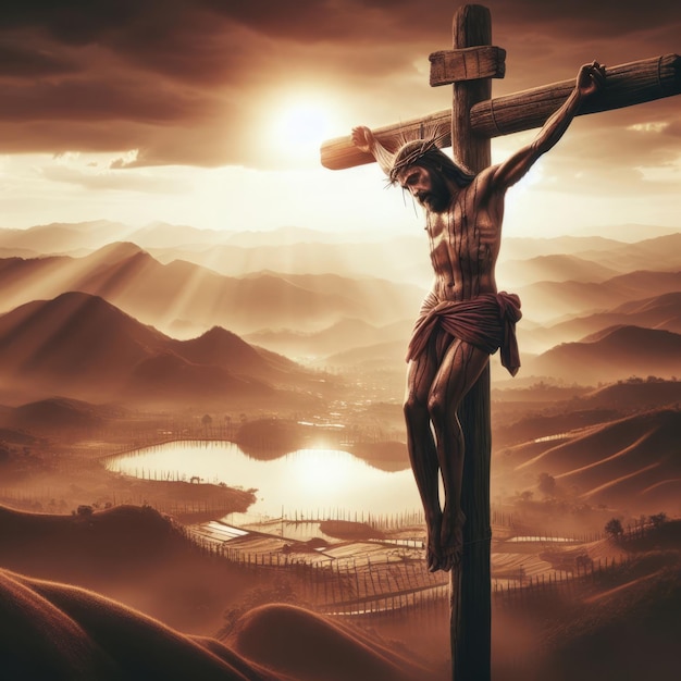 Jesucristo en la cruz en el fondo de un hermoso paisaje montañoso