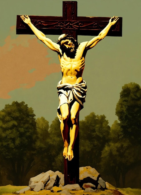 Jesucristo en la cruz siendo crucificado cayendo dormido