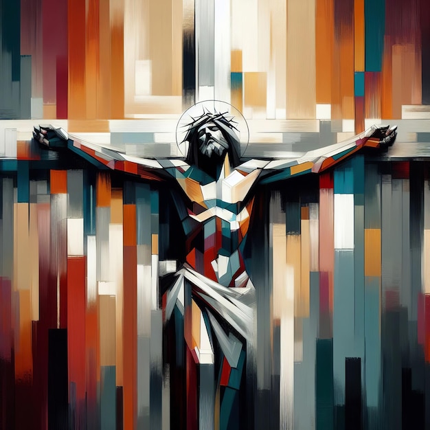 Jesucristo con una cruz sobre un fondo de rayas de colores