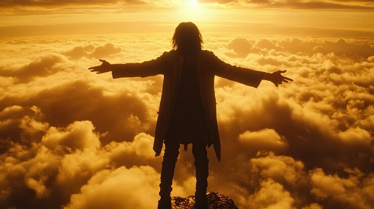 Foto jesucristo está de pie en las nubes con los brazos abiertos y por encima del cielo