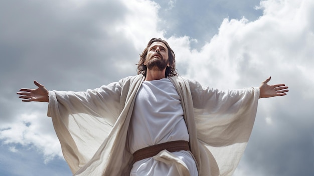 Jesucristo frente a un cielo nublado con los brazos extendidos GENERAR IA