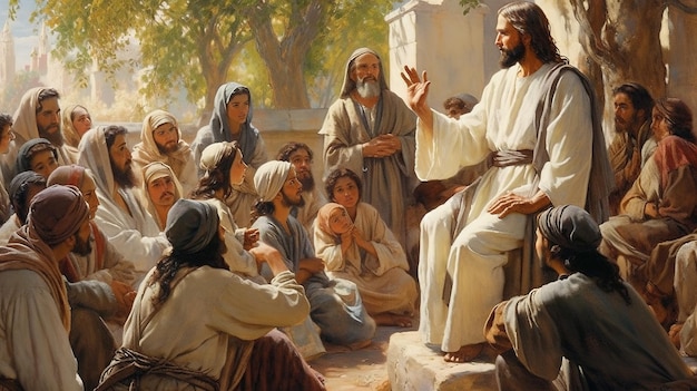 jesucristo hablando con la gente pintura al óleo