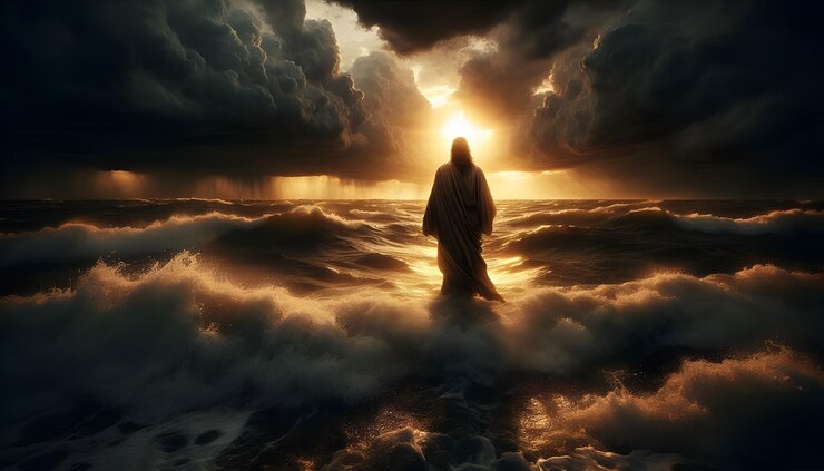 Foto jesucristo hijo de dios caminando sobre el agua cielo cristianismo y concepto de salvación