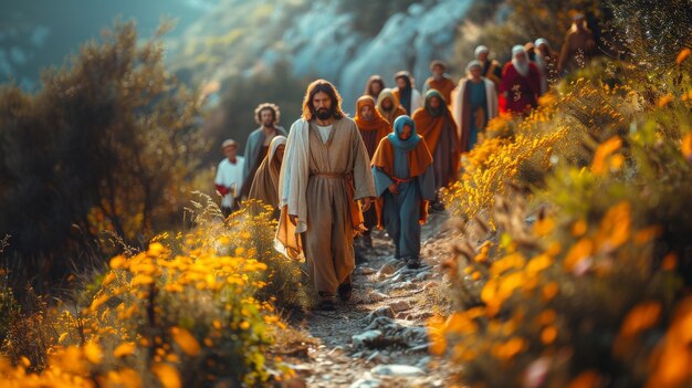 Foto jesucristo, el hijo de dios, el salvador de la humanidad, en un viaje a jerusalén, belén, predica la religión del cristianismo a una multitud de sus seguidores.