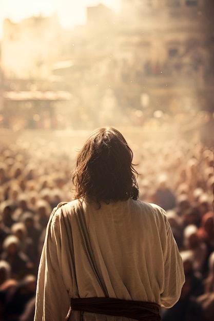 Foto jesucristo imparte sus enseñanzas ante una reunión de personas que comparten palabras de sabiduría