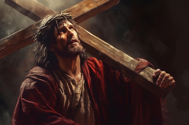 Jesucristo lleva su cruz al Gólgota Biblia Fe Tormento y sufrimiento Dando su vida por nuestros pecados El camino difícil Símbolo cristiano de la fe Calvario Dios Generativo IA