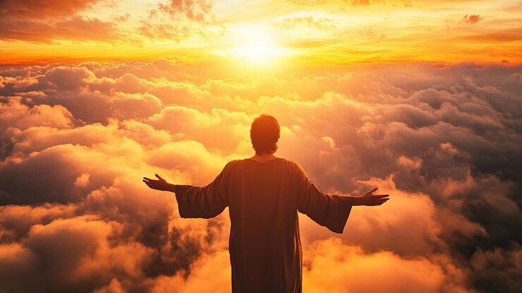 Foto jesucristo de pie en las nubes con los brazos abiertos y mirando hacia el cielo