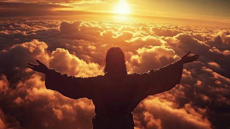 Foto jesucristo de pie en las nubes con los brazos abiertos y mirando hacia el cielo