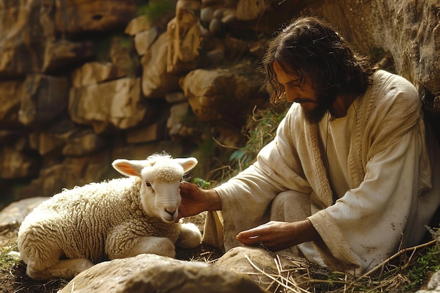 Foto jesucristo se preocupa por el cordero debilitado