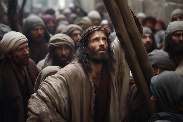 Jesucristo a través de la cruz caminando por las calles entre una multitud de personas con la cruz